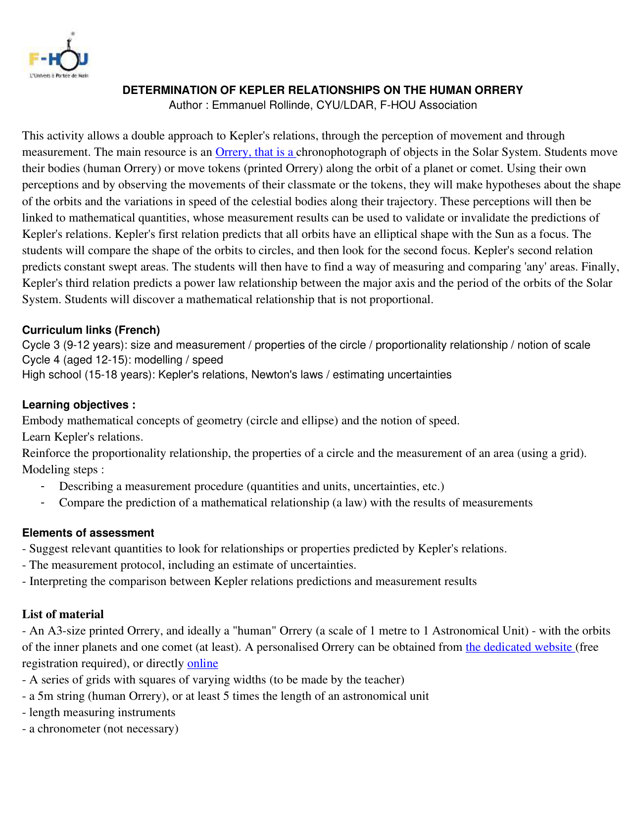 Human Orrery - Kepler laws